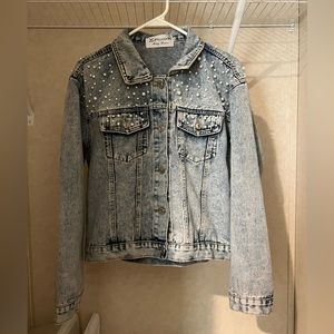 Denim Jean Jacket with pockets and pearls. Custom monogrammed can be removed